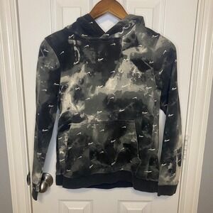Nike Pullover Boys Large All Over Swoosh Hoodie Black Gray‎ Tie Dye